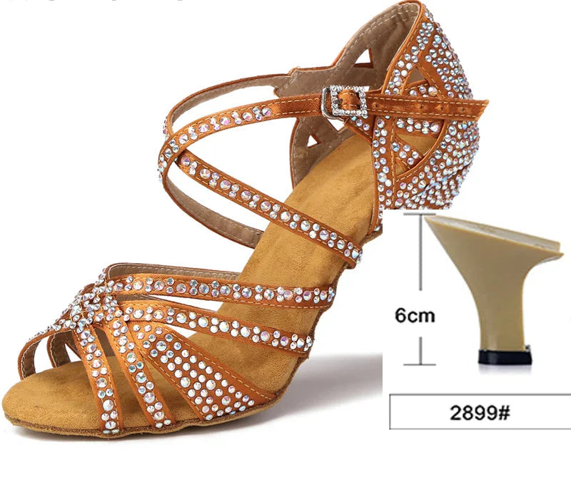 WUXIJIAO Women Party Dance Shoes Satin Shining rhinestones Soft Bottom Latin Dance Shoes Woman Salsa Dance Shoes heel LadyShow.Store