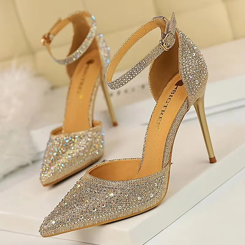 BIGTREE Shoes Shiny Rhinestones High Heels Ladies Shoes Women Pumps Stiletto Sweet Women Heels Wedding Shoes Women Sandals 10 Cm Pi-Mart