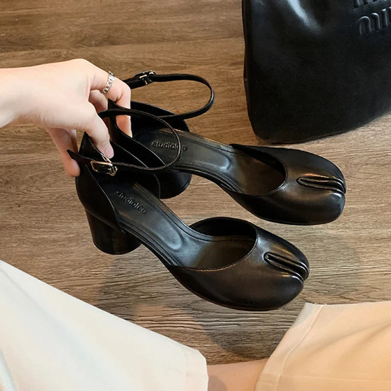 Modern Heels Pumps Women Round High Heel Leather Square Split Toe Pumps Shoes Spring Summer Sandals Mary Janes Shoes Heels Women Pi-Mart