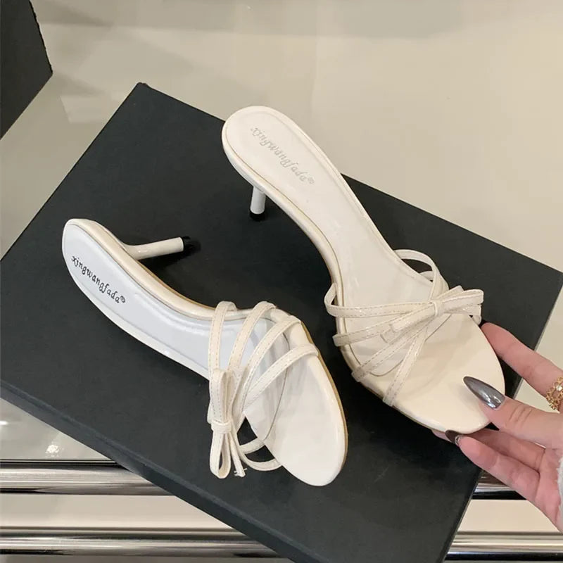 Women Thin Heels Sandals Slides Shoes Butterfly-Knot Footwear Fashion Round Toe Ladies High Heels Shoes Female Sandals Pumps Pi-Mart