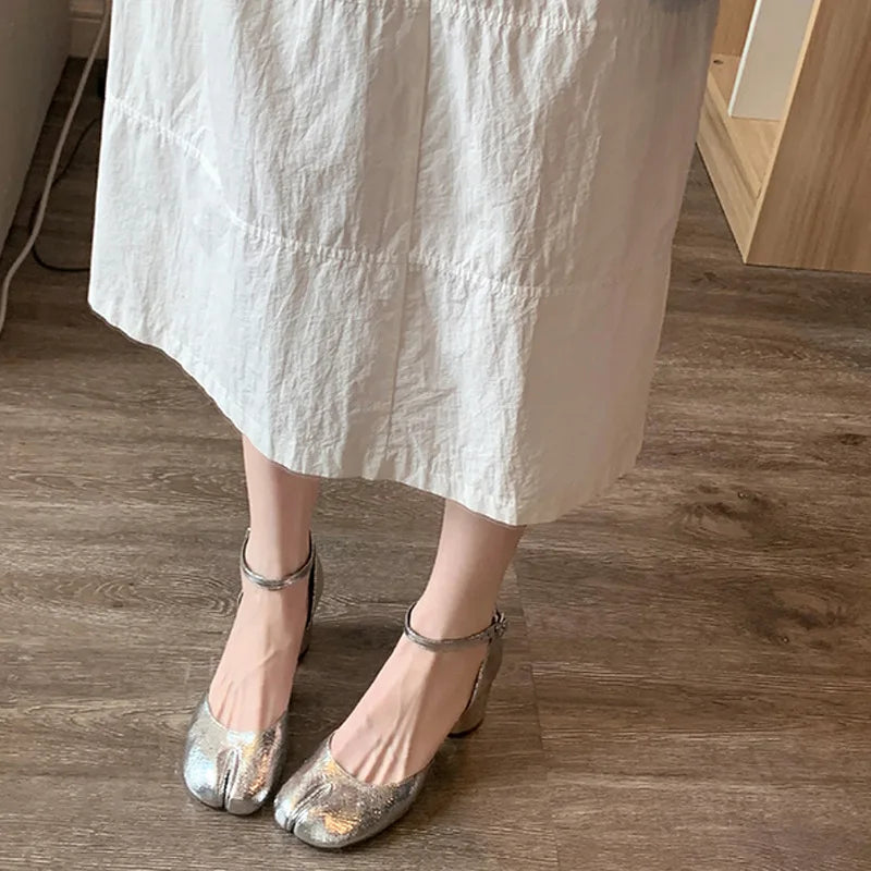 Modern Heels Pumps Women Round High Heel Leather Square Split Toe Pumps Shoes Spring Summer Sandals Mary Janes Shoes Heels Women Pi-Mart