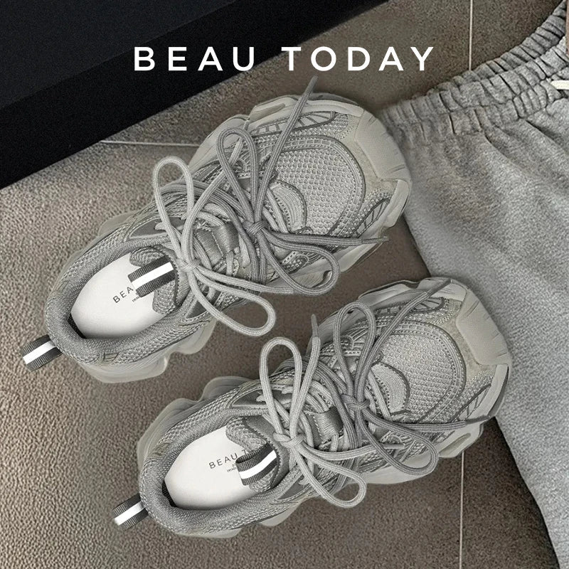 BEAUTODAY Chunky Sneakers Women Synthetic Leather Mesh Round Toe Lace-up Sports Trainers Ladies Patchwork Shoes Handmade 29A51 LadyShow.Store