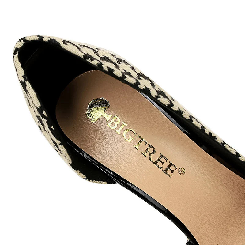 BIGTREE Shoes 2026 Spring Women Pumps Pearl Metal Chain High-heels Checked Grain Stilettos Women Heels Luxury Banquet Shoes 43 Pi-Mart