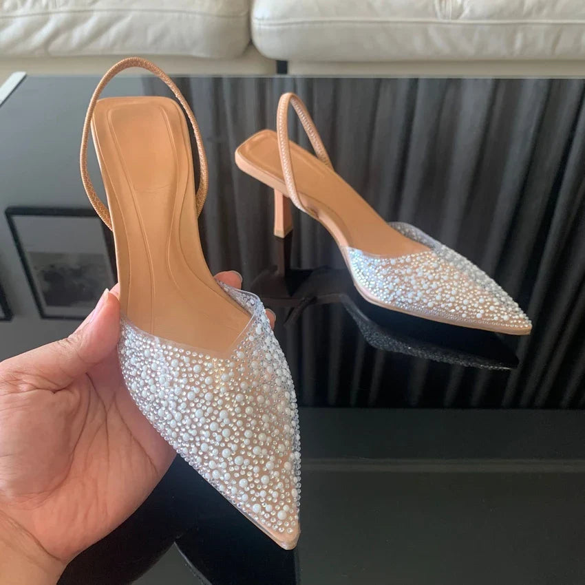 2024 Fashion Summer Women High Heels Pearl Decoration Slingback Woman Pumps Pointed Toe High Heels Sandals Elegant Woman Shoes Pi-Mart