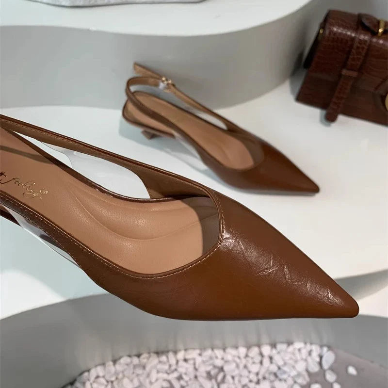 SUOJIALUN Summer New Women Sandal Fashion Pointed Toe Shallow Slip On Ladies Elegant Slingback Shoes Thin Med Heel Dress Mules LadyShow.Store