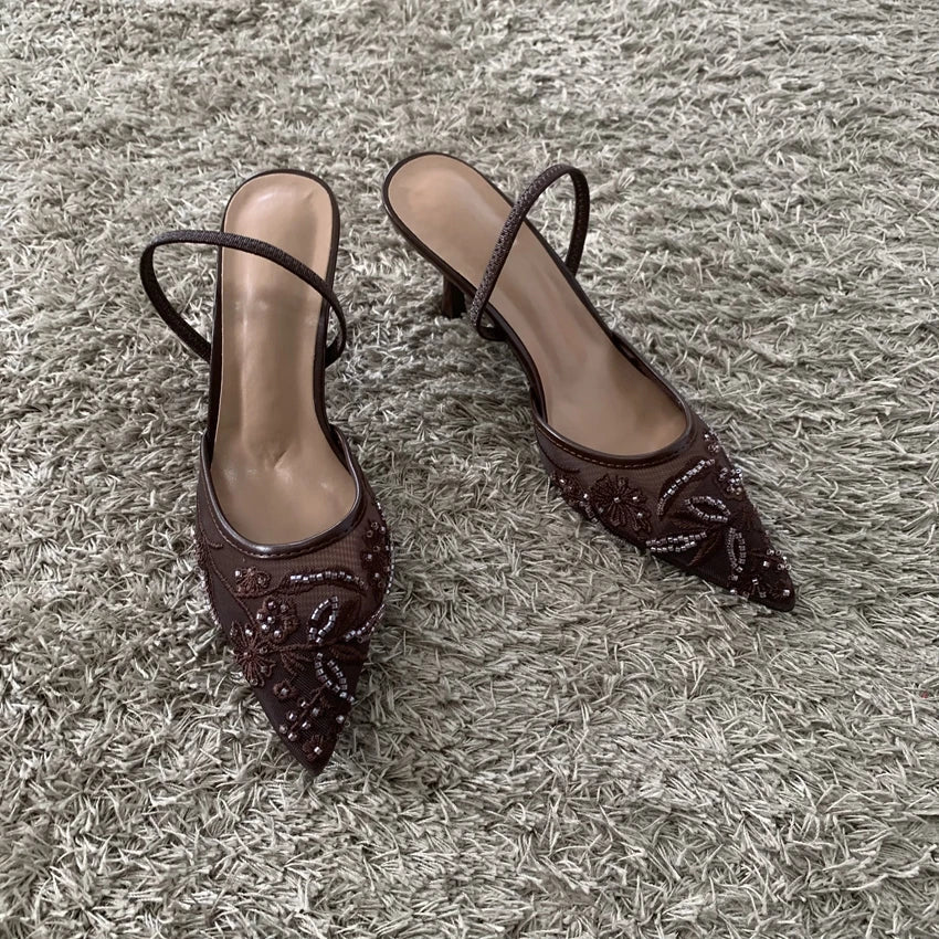 2026 String Bead Mesh Embroider Slingback High Heels Women Sexy Pointed Toe Heeled Sandals Summer Elegant Luxury Designer Shoes LadyShow.Store