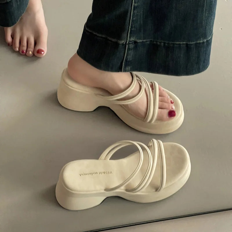 Summer Platform Heel Women Slippers Fashion Open Toe Narrow Band Slide Ladies Elegant Street Style Shoes Fashion Sandals Slides LadyShow.Store
