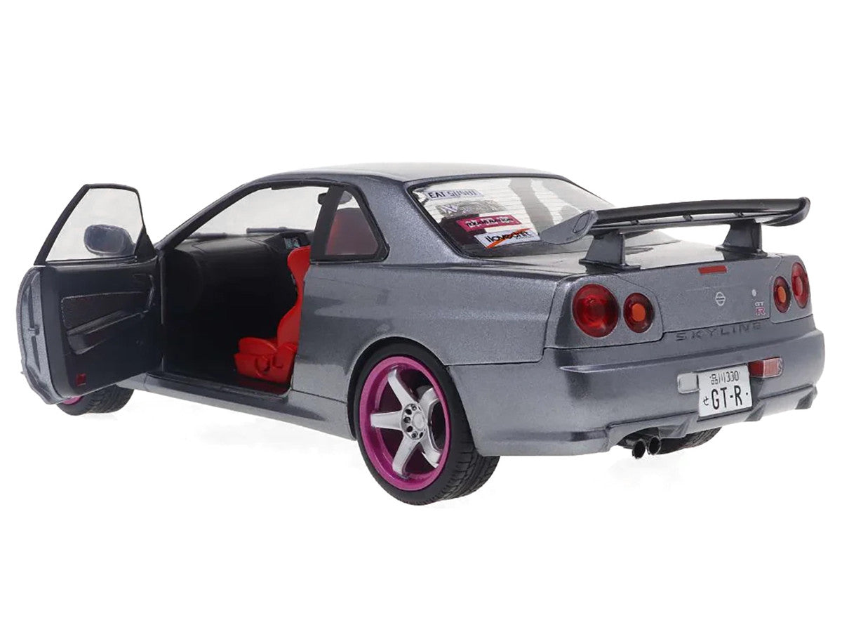 1999 Nissan Skyline GT-R (R34) RHD (Right Hand Drive) Silver Metallic with Purple Wheels 1/18 Diecast Model Car by Solido Solido