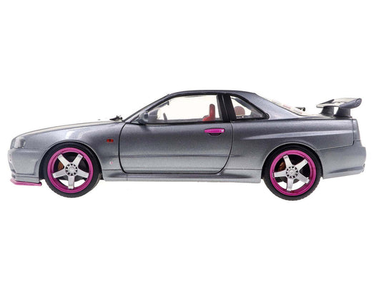 1999 Nissan Skyline GT-R (R34) RHD (Right Hand Drive) Silver Metallic with Purple Wheels 1/18 Diecast Model Car by Solido Solido