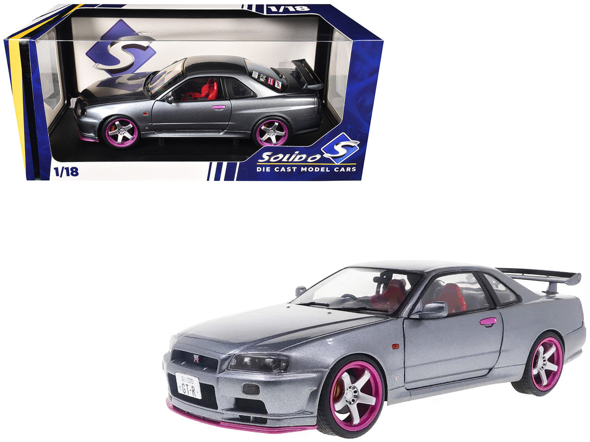 1999 Nissan Skyline GT-R (R34) RHD (Right Hand Drive) Silver Metallic with Purple Wheels 1/18 Diecast Model Car by Solido Solido