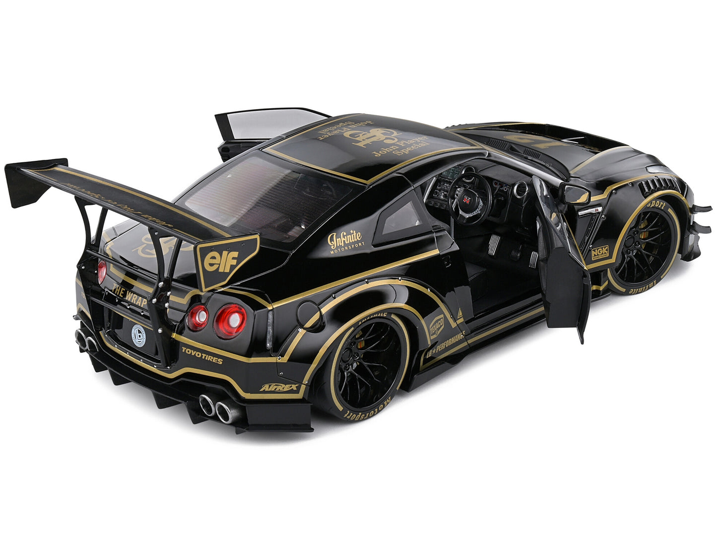 2022 Nissan GT-R (R35) RHD (Right Hand Drive) "Liberty Walk Type 2" Body Kit #12 Black "John Player Special" "Competition" Series 1/18 Diecast Model Car by Solido