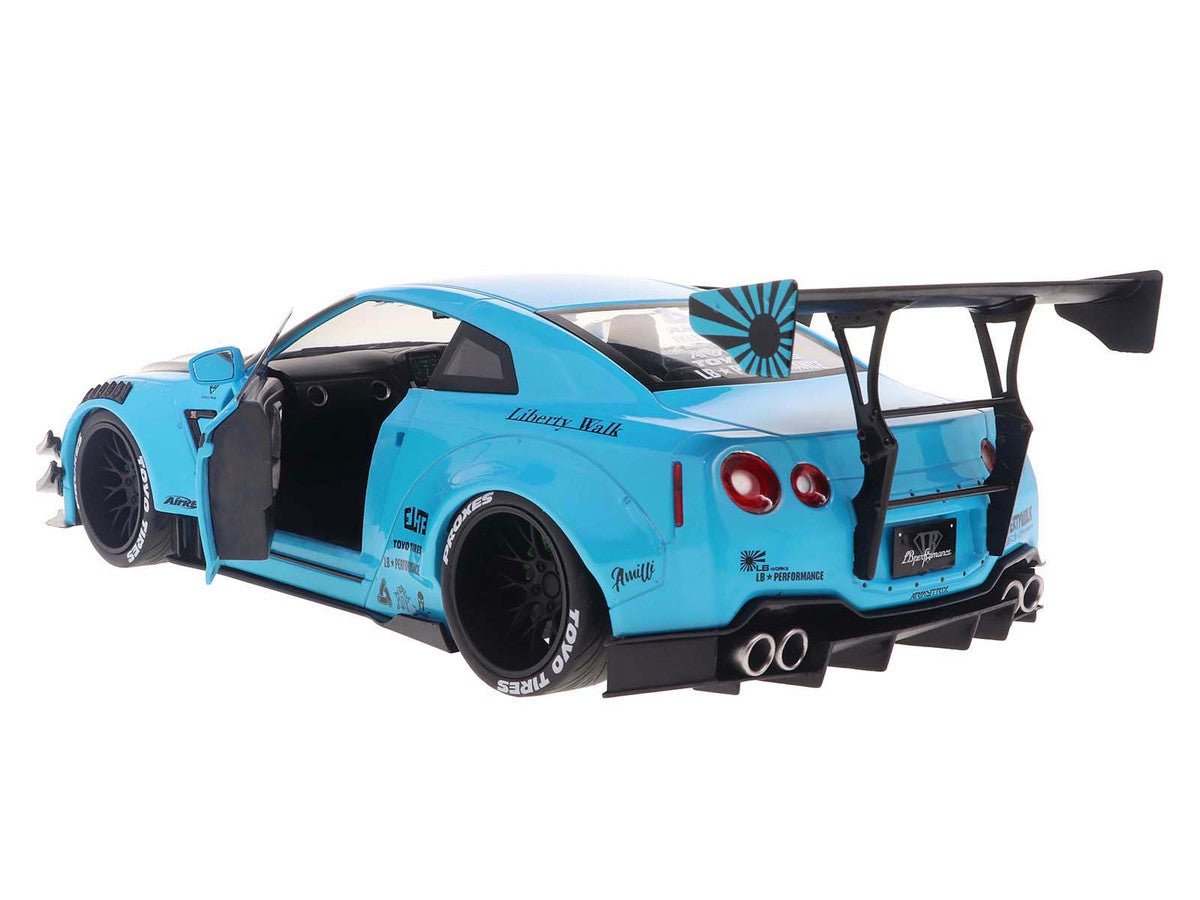 2023 Nissan GT-R (R35) Liberty Walk Body Kit 2.0 RHD (Right Hand Drive) Baby Blue with Carbon Hood 1/18 Diecast Model Car by Solido Solido