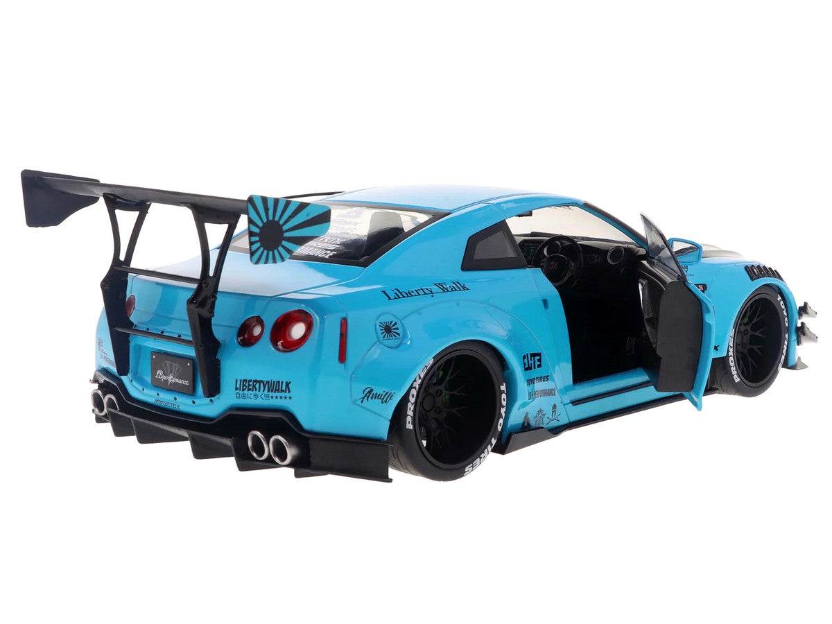 2023 Nissan GT-R (R35) Liberty Walk Body Kit 2.0 RHD (Right Hand Drive) Baby Blue with Carbon Hood 1/18 Diecast Model Car by Solido Solido