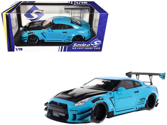 2023 Nissan GT-R (R35) Liberty Walk Body Kit 2.0 RHD (Right Hand Drive) Baby Blue with Carbon Hood 1/18 Diecast Model Car by Solido Solido