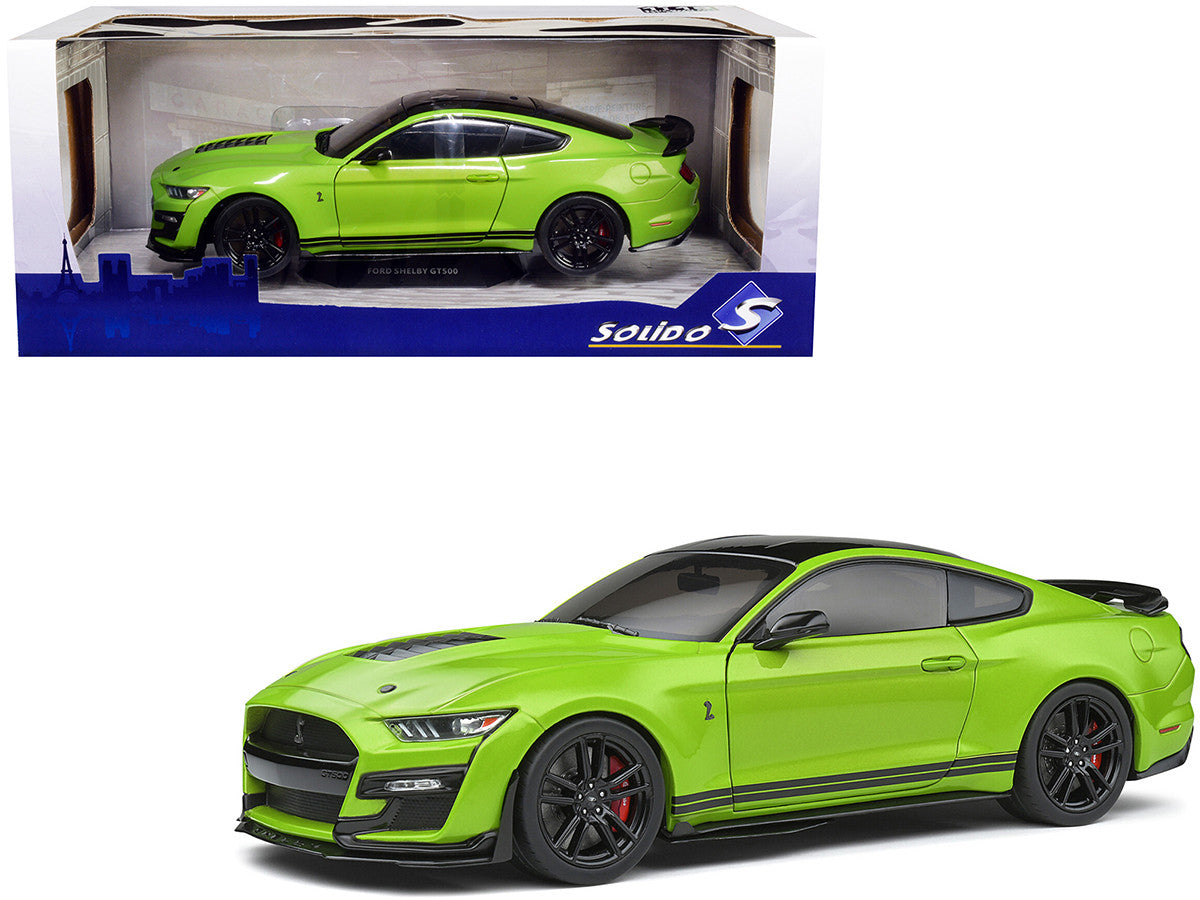 2020 Ford Mustang Shelby GT500 Grabber Lime Green Metallic with Black Top and Stripes 1/18 Diecast Model Car by Solido Solido