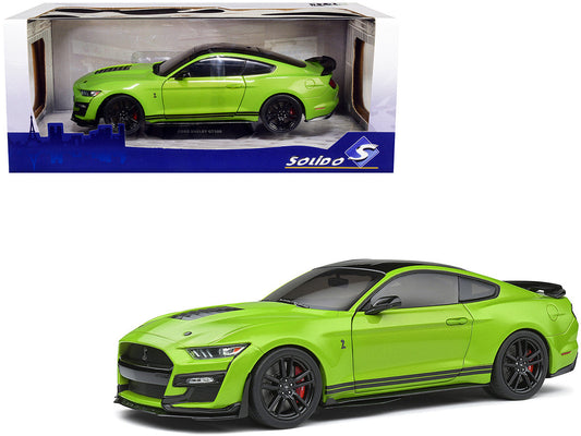 2020 Ford Mustang Shelby GT500 Grabber Lime Green Metallic with Black Top and Stripes 1/18 Diecast Model Car by Solido Solido