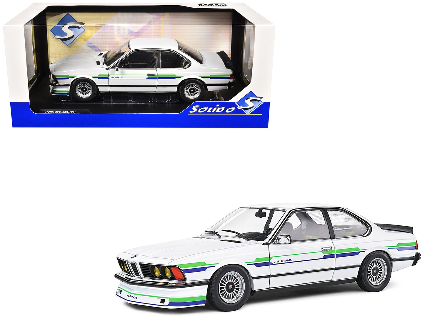 1984 BMW Alpina B7 Turbo (E24) White with Blue and Green Graphics 1/18 Diecast Model Car by Solido