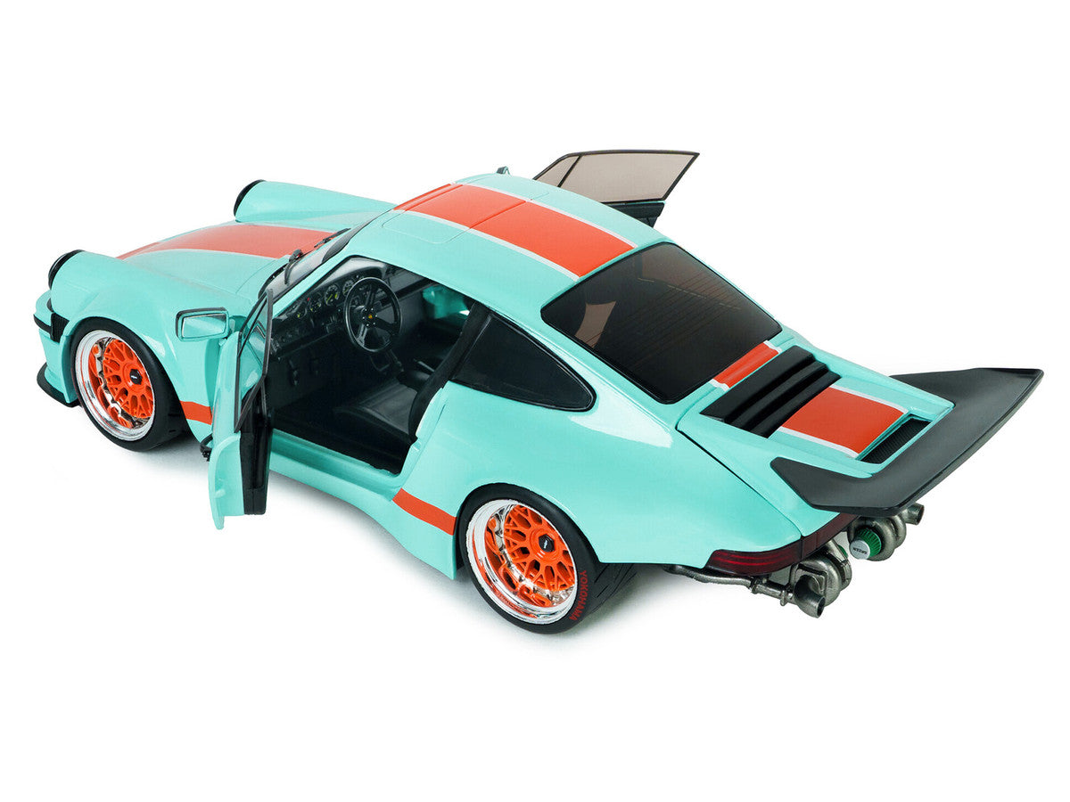 2025 Porsche 911 KS-R by Khyzyl Saleem "Blue Racer" Light Blue with Orange Stripes 1/18 Diecast Model Car by Solido Solido