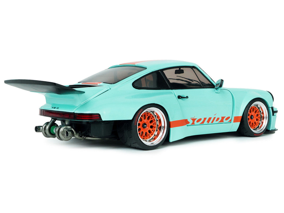 2025 Porsche 911 KS-R by Khyzyl Saleem "Blue Racer" Light Blue with Orange Stripes 1/18 Diecast Model Car by Solido Solido