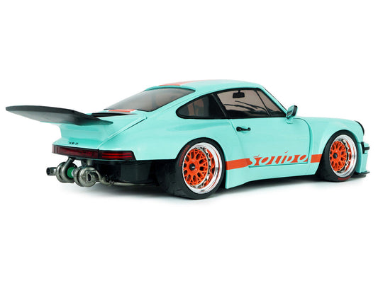 2025 Porsche 911 KS-R by Khyzyl Saleem "Blue Racer" Light Blue with Orange Stripes 1/18 Diecast Model Car by Solido Solido