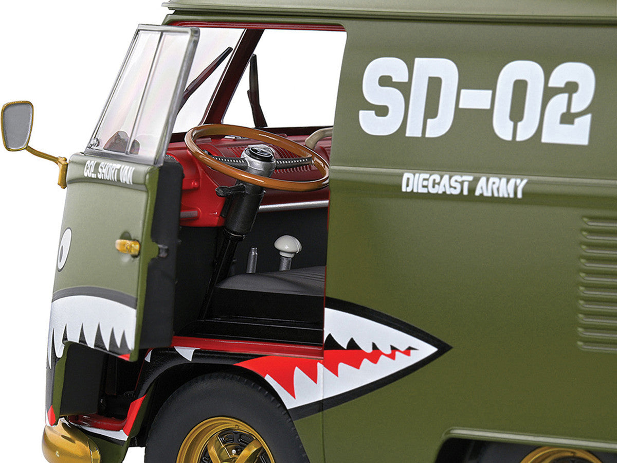 1950 Volkswagen Kool Kombi Van with Trailer "Army Fighter" Green with Graphics 1/18 Diecast Model Car by Solido Solido