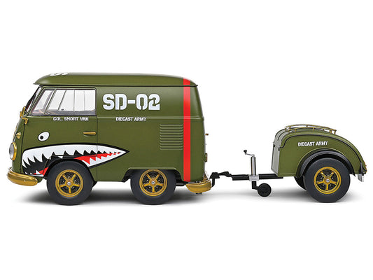 1950 Volkswagen Kool Kombi Van with Trailer "Army Fighter" Green with Graphics 1/18 Diecast Model Car by Solido Solido