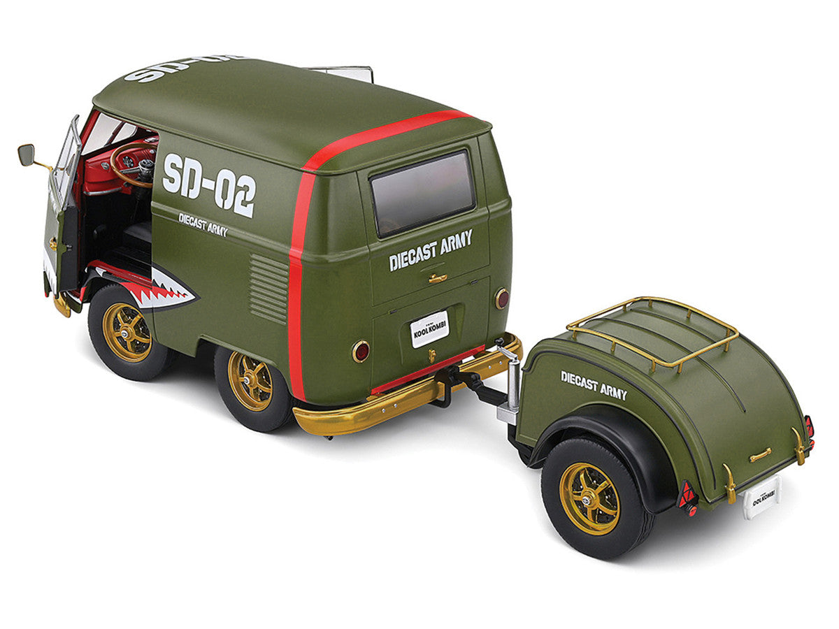 1950 Volkswagen Kool Kombi Van with Trailer "Army Fighter" Green with Graphics 1/18 Diecast Model Car by Solido Solido