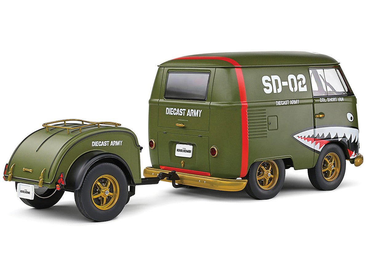 1950 Volkswagen Kool Kombi Van with Trailer "Army Fighter" Green with Graphics 1/18 Diecast Model Car by Solido Solido