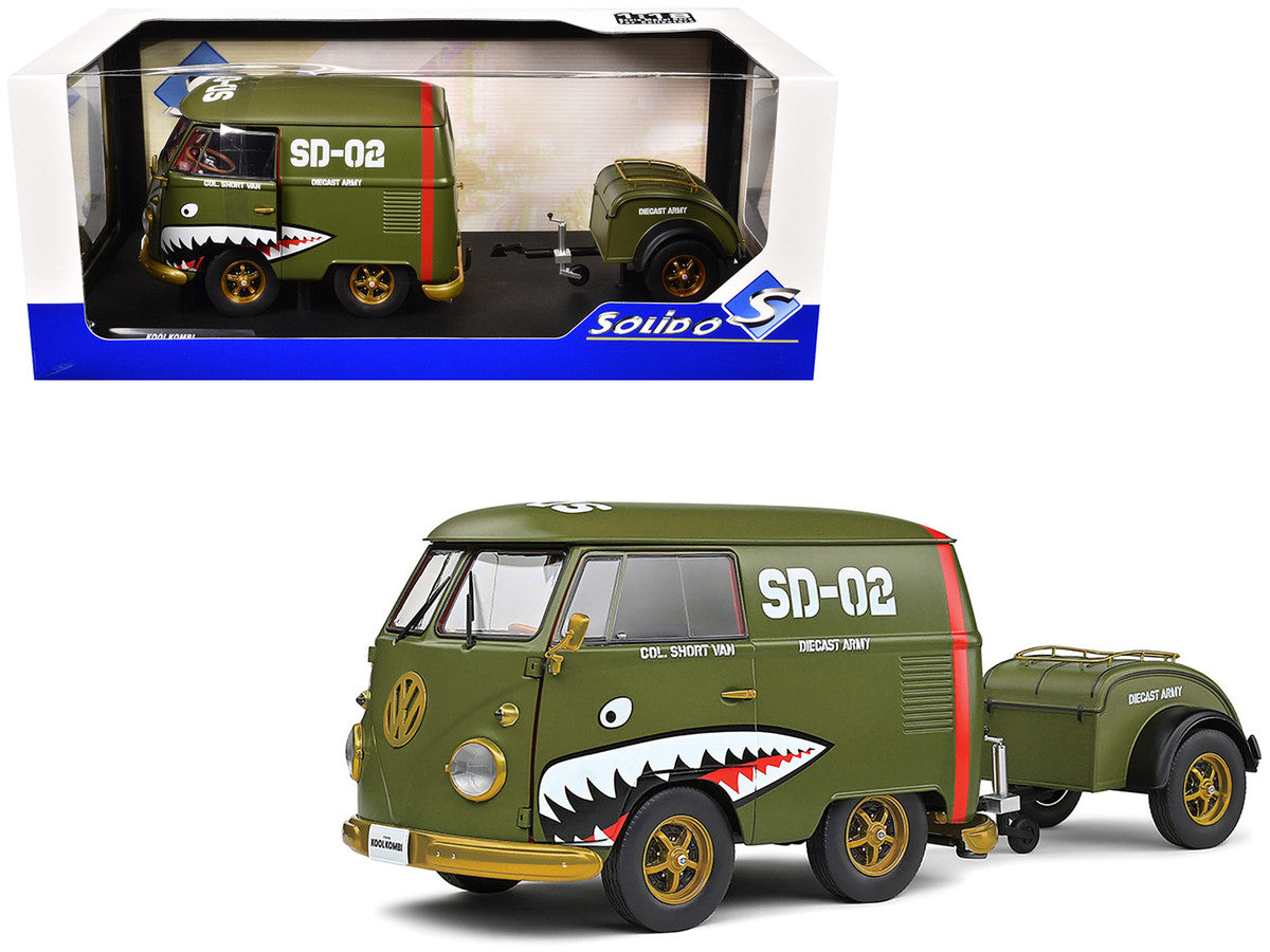 1950 Volkswagen Kool Kombi Van with Trailer "Army Fighter" Green with Graphics 1/18 Diecast Model Car by Solido Solido