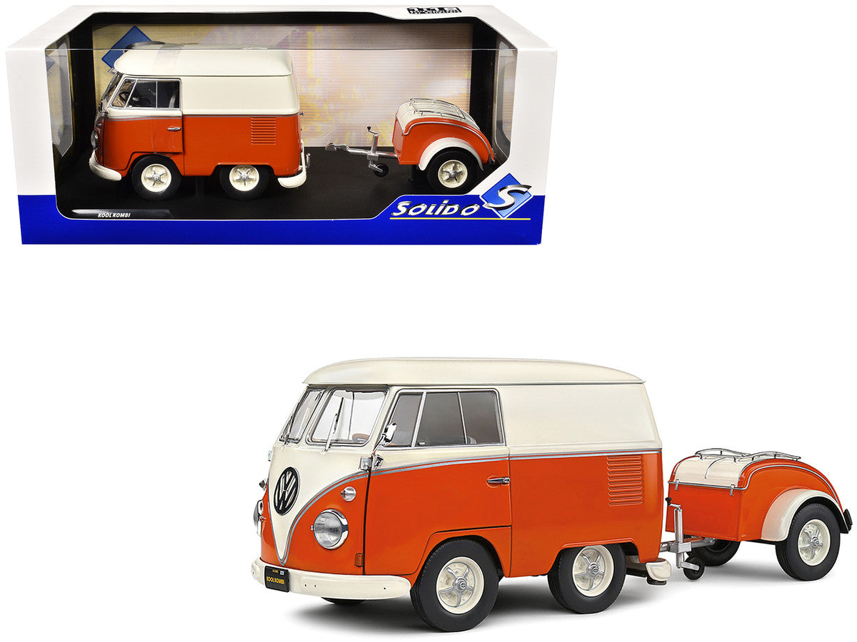 1950 Volkswagen Kool Kombi Van with Trailer Orange and White 1/18 Diecast Model Car by Solido Solido