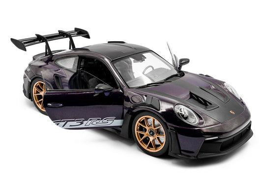 2024 Porsche 911 GT3 RS Weissach Package Viola Purple Metallic with Carbon Hood Stripes and Top 1/18 Diecast Model Car by Solido-1