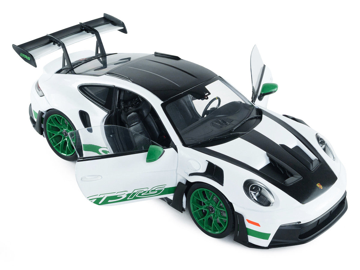 2024 Porsche 911 GT3 RS "Tribute to Carrera RS Package" White with Carbon Hood Stripes and Top and Green Side Stripes and Wheels 1/18 Diecast Model Car by Solido Solido
