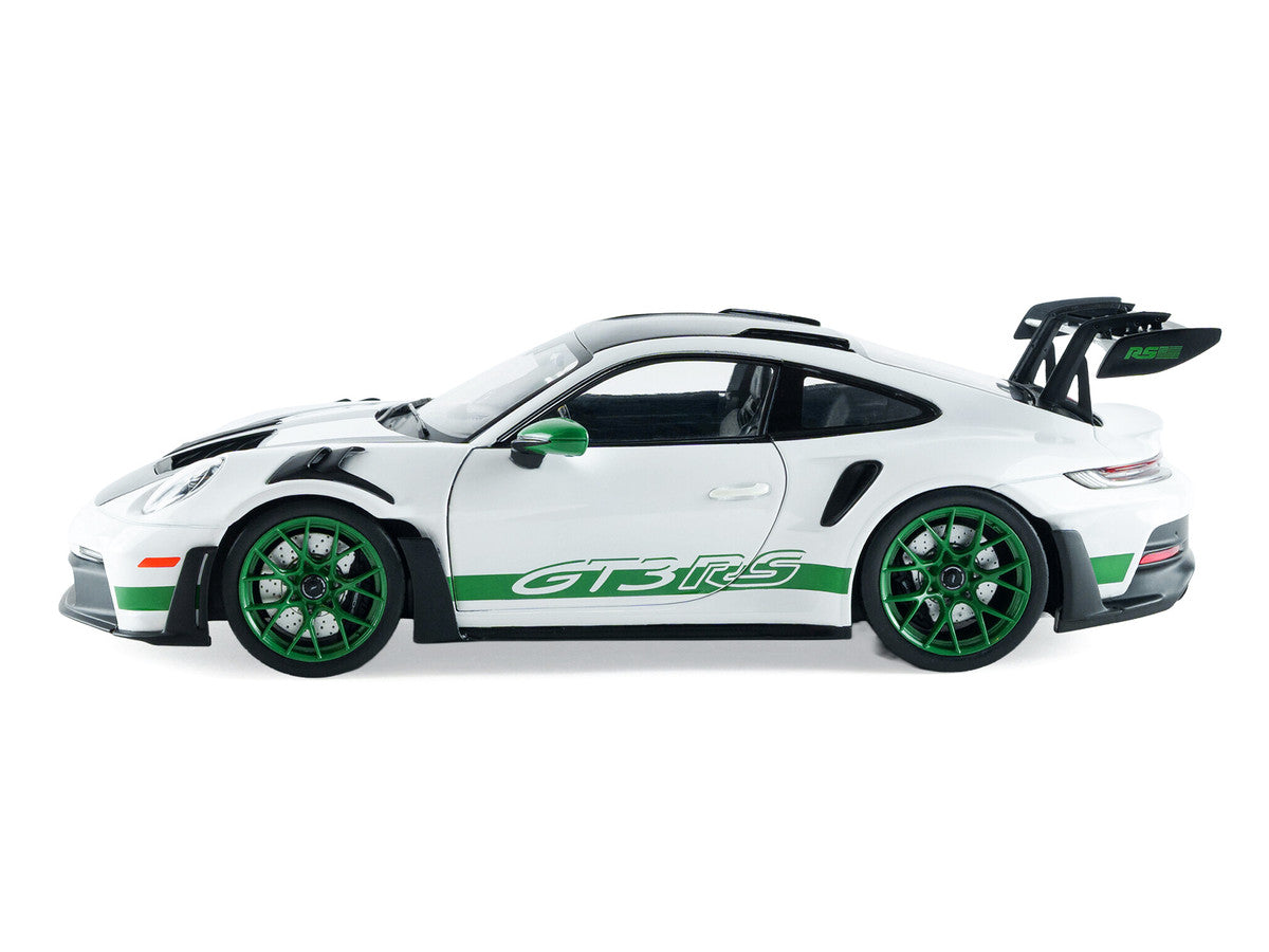 2024 Porsche 911 GT3 RS "Tribute to Carrera RS Package" White with Carbon Hood Stripes and Top and Green Side Stripes and Wheels 1/18 Diecast Model Car by Solido Solido