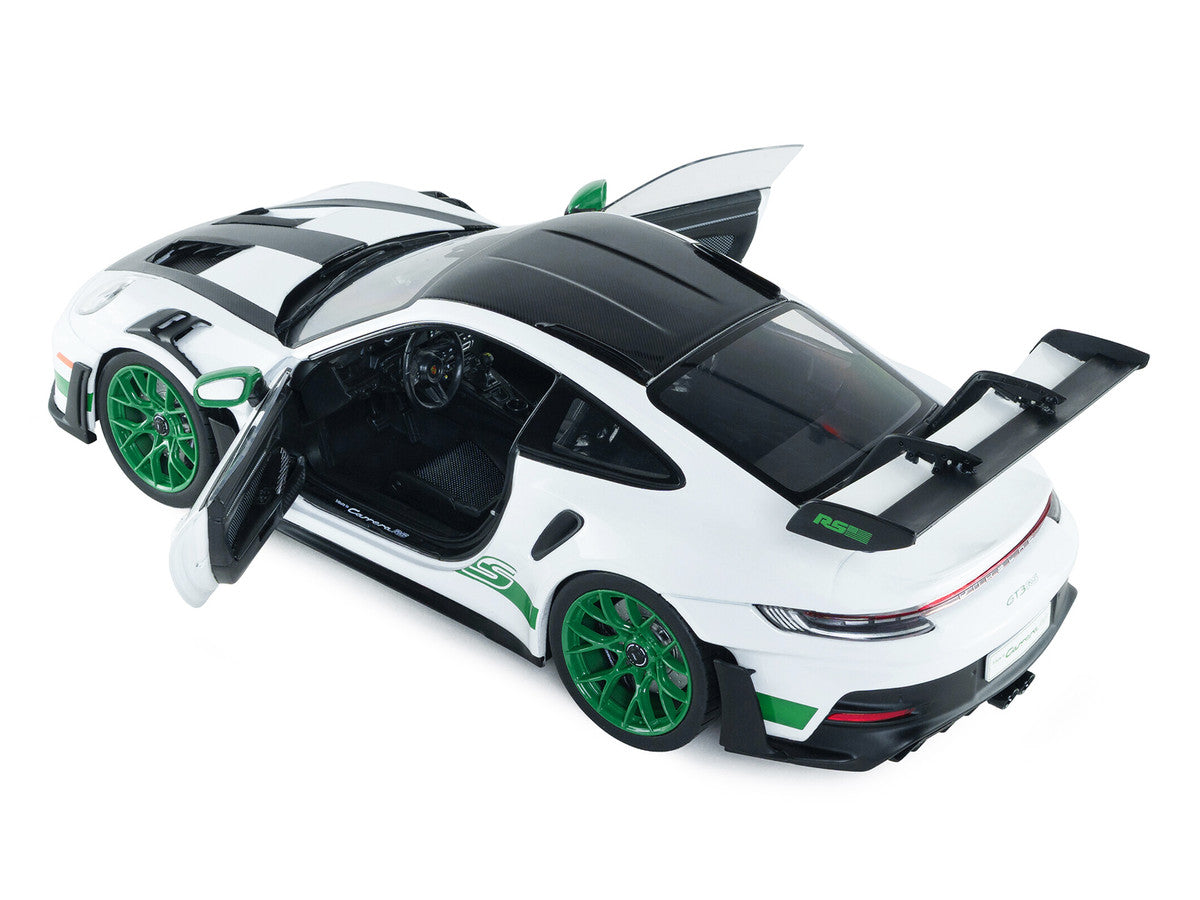 2024 Porsche 911 GT3 RS "Tribute to Carrera RS Package" White with Carbon Hood Stripes and Top and Green Side Stripes and Wheels 1/18 Diecast Model Car by Solido Solido