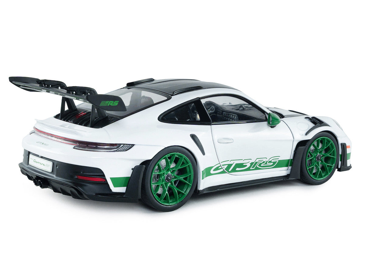 2024 Porsche 911 GT3 RS "Tribute to Carrera RS Package" White with Carbon Hood Stripes and Top and Green Side Stripes and Wheels 1/18 Diecast Model Car by Solido Solido