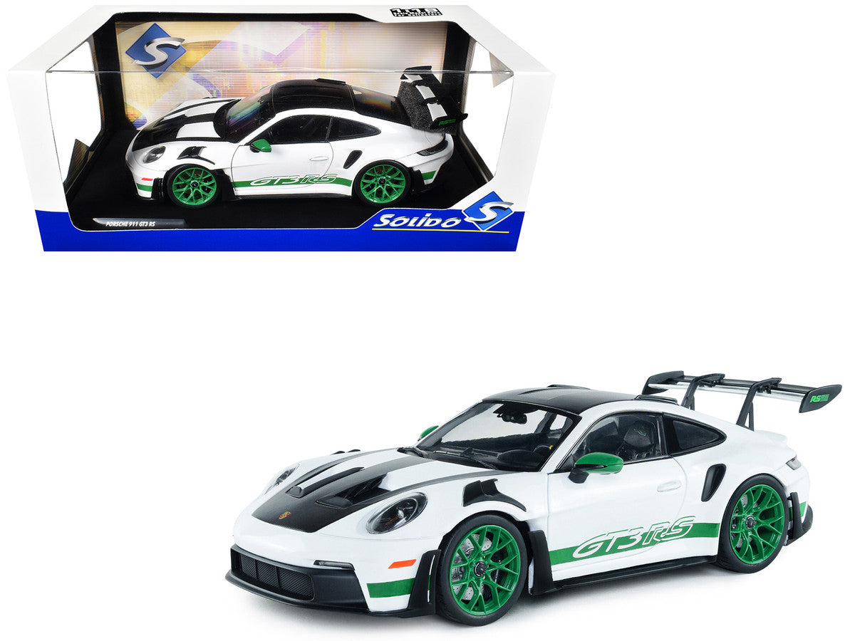 2024 Porsche 911 GT3 RS "Tribute to Carrera RS Package" White with Carbon Hood Stripes and Top and Green Side Stripes and Wheels 1/18 Diecast Model Car by Solido Solido