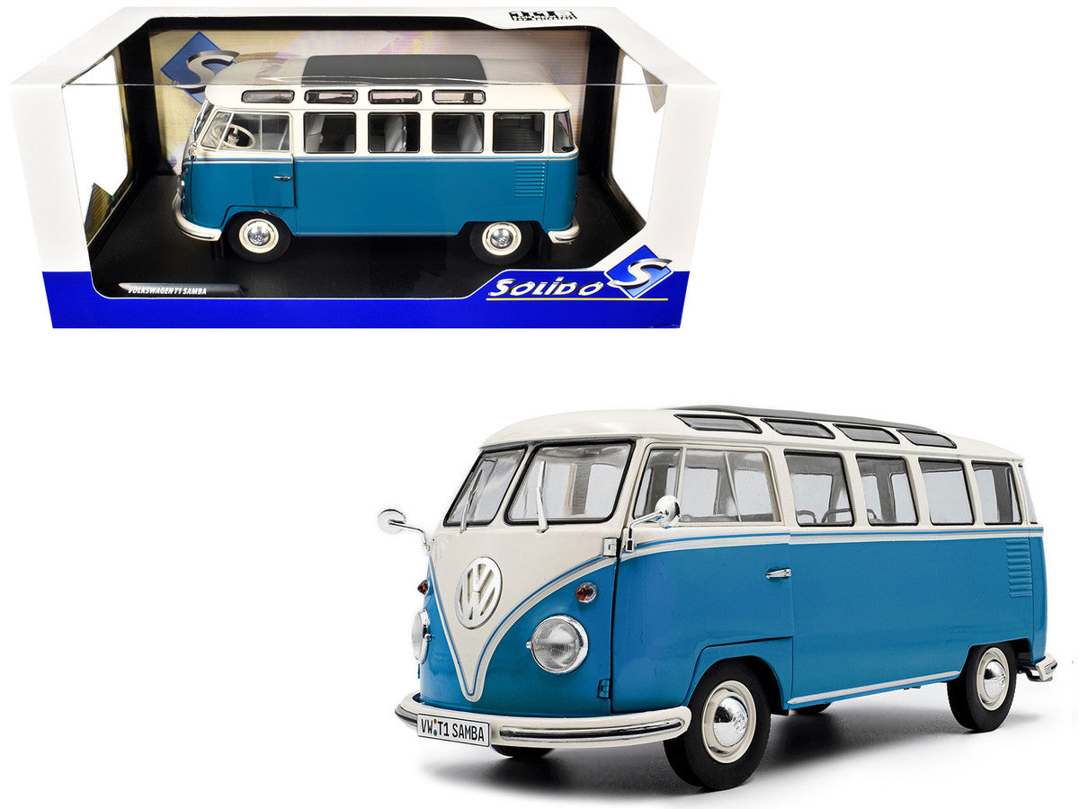 1962 Volkswagen T1 Samba Bus Baby Blue and White 1/18 Diecast Model Car by Solido Solido