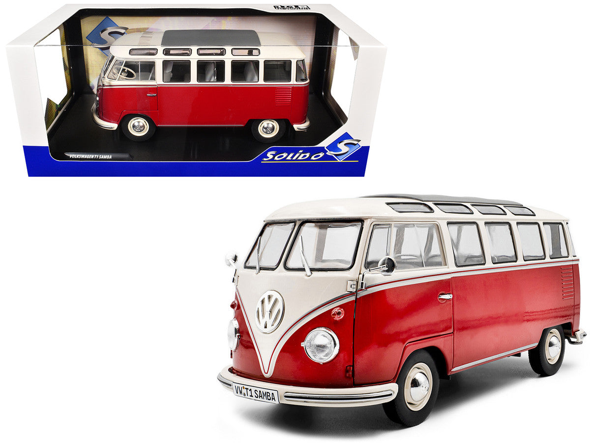 1962 Volkswagen T1 Samba Bus Red and White 1/18 Diecast Model Car by Solido Solido