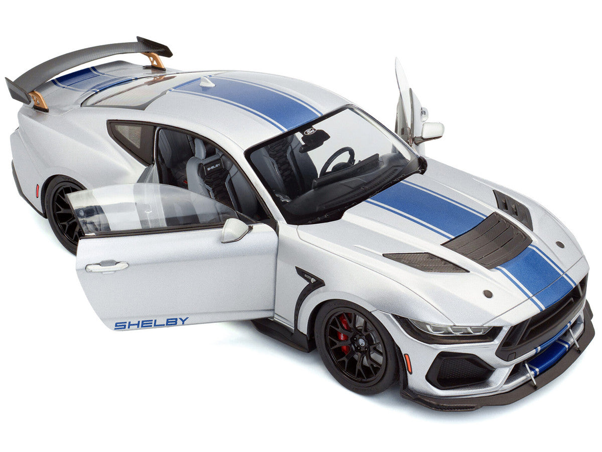 2024 Ford Shelby Mustang Super Snake Gray Metallic with Blue Stripes 1/18 Diecast Model Car by Solido-2
