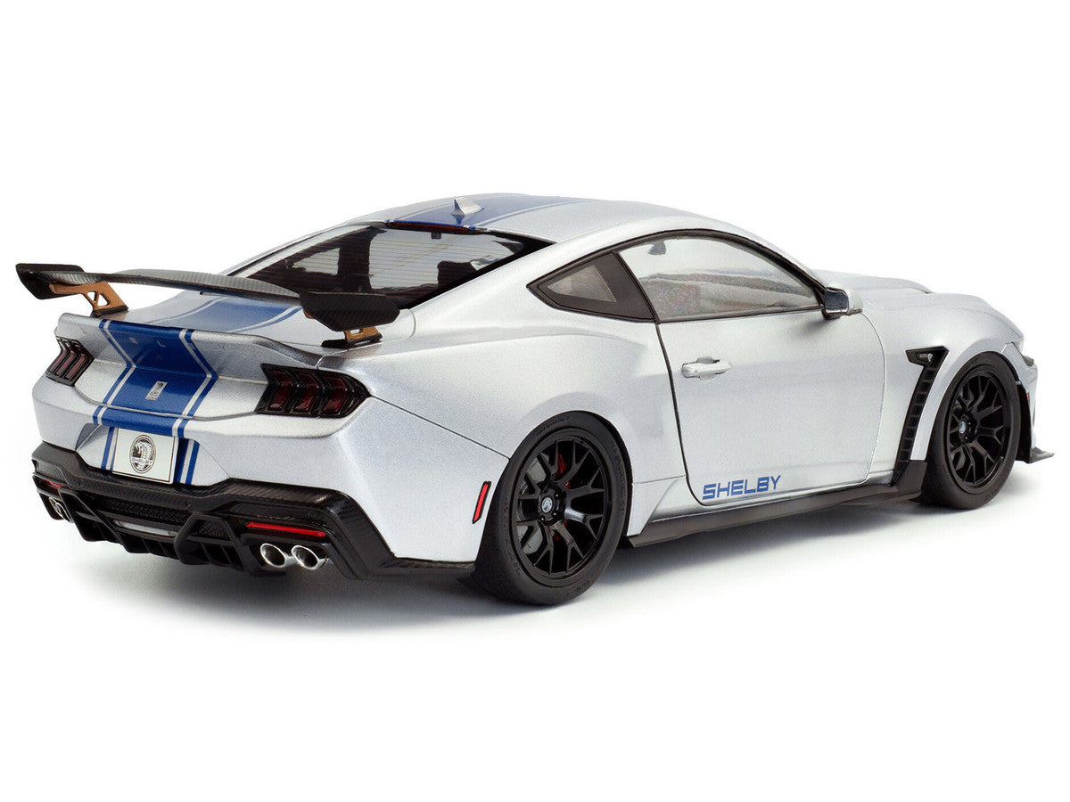 2024 Ford Shelby Mustang Super Snake Gray Metallic with Blue Stripes 1/18 Diecast Model Car by Solido-1