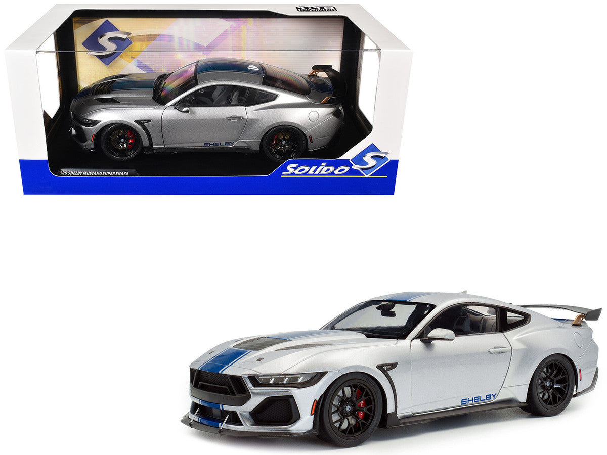 2024 Ford Shelby Mustang Super Snake Gray Metallic with Blue Stripes 1/18 Diecast Model Car by Solido-4