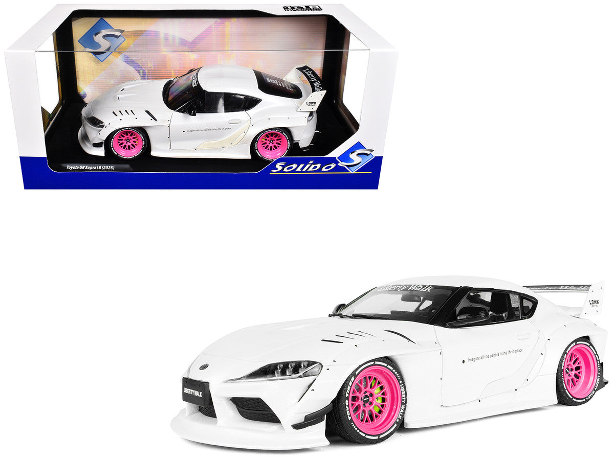 2025 Toyota GR Supra "Liberty Walk" Body Kit White Metallic with Pink Wheels 1/18 Diecast Model Car by Solido Solido