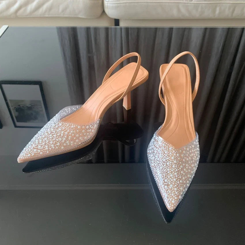 2024 Fashion Summer Women High Heels Pearl Decoration Slingback Woman Pumps Pointed Toe High Heels Sandals Elegant Woman Shoes Pi-Mart