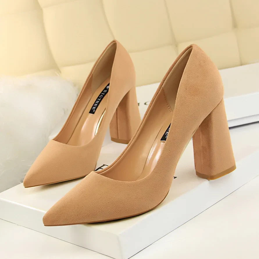 Summer Women 8.5cm High Heels Pumps Escarpins Elegant Sweet Lady Wedding Block Square Middle Heels Flock Suede Nightclub Shoes Pi-Mart