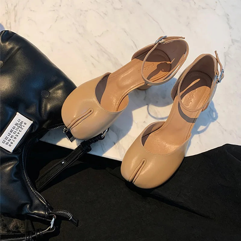 Modern Heels Pumps Women Round High Heel Leather Square Split Toe Pumps Shoes Spring Summer Sandals Mary Janes Shoes Heels Women Pi-Mart
