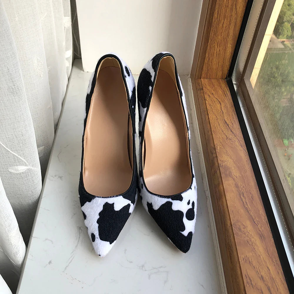 Tikicup Cow Print Women White Hairy Flock Pointy Toe High Heel Shoes Sexy Celebrity Ladies Slip On Stiletto Pumps for Party Pi-Mart