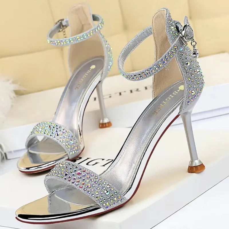 BIGTREE Shoes Rhinestone High Heels Women Pumps Sexy Kitten Heels Party Shoes Open Toe Women Sandals Heel Stiletto Wedding Shoes Pi-Mart