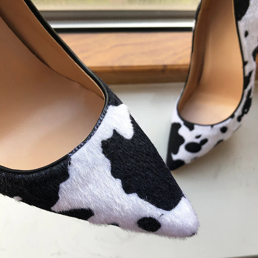 Tikicup Cow Print Women White Hairy Flock Pointy Toe High Heel Shoes Sexy Celebrity Ladies Slip On Stiletto Pumps for Party Pi-Mart