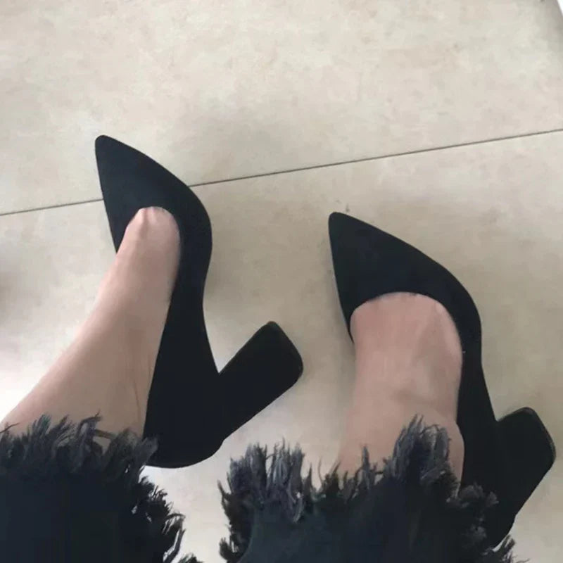 Summer Women 8.5cm High Heels Pumps Escarpins Elegant Sweet Lady Wedding Block Square Middle Heels Flock Suede Nightclub Shoes Pi-Mart