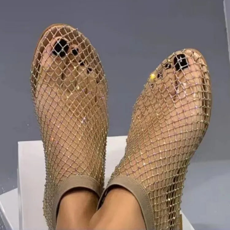 New Women's Luxury Brand Round Toe Flat Bottom Sandals Summer Hollow Short Boots Water Diamond Sexy Flat Bottom Shoes Sandals LadyShow.Store